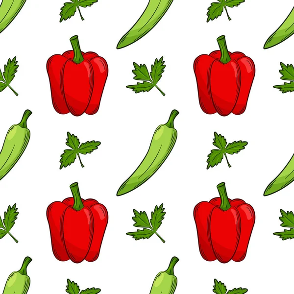 Απρόσκοπτο Σχέδιο Πιπεριές Και Μαϊντανό Λαμπερό Ζουμερό Καλοκαιρινό Σχέδιο Λαχανικά — Διανυσματικό Αρχείο