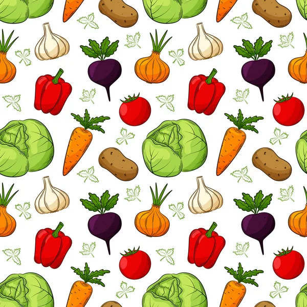 異なる野菜とシームレスなパターン 外形を持つ色の手描きリニア要素は 透明な背景に分離されています キッチンアクセサリーや食品包装の設計のために — ストックベクタ