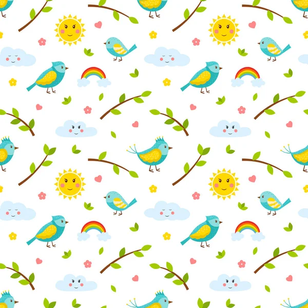 Seamless Pattern Birds Twigs Rainbows Sun Cloud Cute Cartoon Spring — Stock Vector