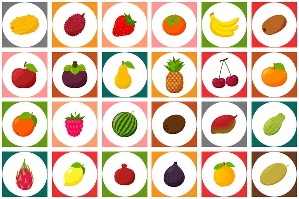 Zestaw Kolorowych Ikon Owocami Jagodami Biały Okrąg Kwadratowym Tle Może — Wektor stockowy