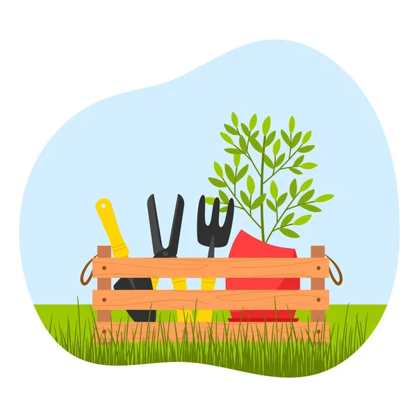 Eine Holzkiste Mit Gartengeräten Gartenschere Schaufel Und Reißverschluss Und Ein — Stockvektor