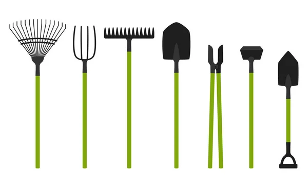 Collection Garden Tools Rake Shovel Pitchfork Hoe Set Gardening Tools — Stock Vector