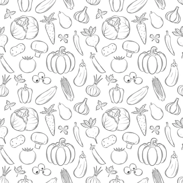 Бесшовный Рисунок Различными Овощами Черно Белые Линейные Элементы Ручной Работы — стоковый вектор