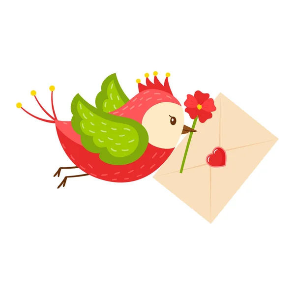 Ein Heller Cartoon Vogel Trägt Ein Buchstabenherz Und Eine Rote — Stockvektor