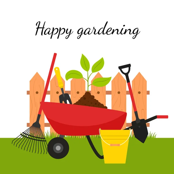 Garden Wheelbarrow Plant Tools Background Fence Grass Concept Growing Your — 스톡 벡터