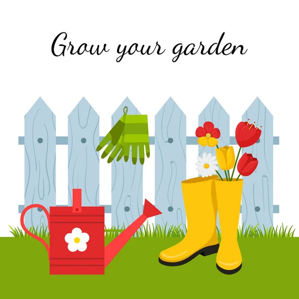 Rubber boots with flowers, tulips and daisies and a watering can on the background of a wooden fence. The concept of gardening, country life in the countryside. vector illustration. Isolated on white.