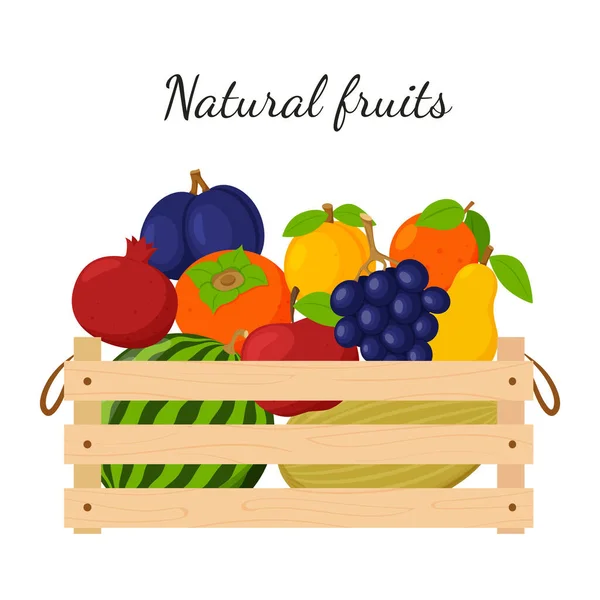 Wooden Box Full Ripe Fresh Fruit Watermelon Grapes Apple Pear — Stock Vector