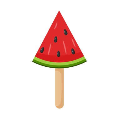 Çubukta karpuzlu dondurma. Meyve buzu. Yazın parlak bir sembolü. Tatlı, yaz, plaj yemekleri. Düz renk vektör çizimi. Beyazda izole edilmiş