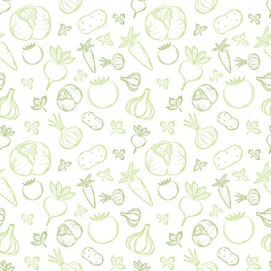 Seamless pattern with vegetables in a linear, hand-drawn style. Summer vegetables. Outline elements. Vector illustration in a flat style. Green vegetables isolated on a white background clipart