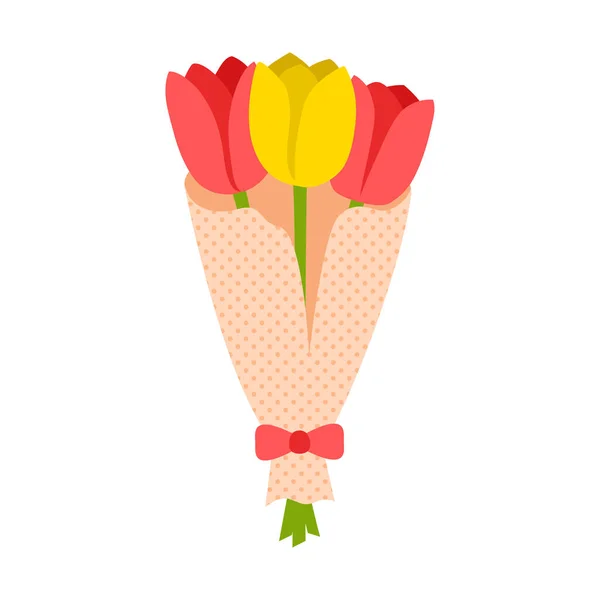 Buket Tulip Merah Dan Kuning Dalam Kemasan Kertas Buket Bunga - Stok Vektor
