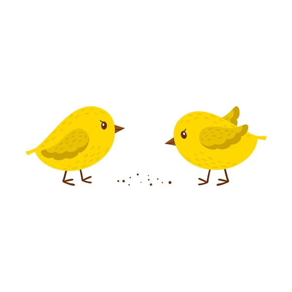 Два Цыпленка Клюют Зерно Простые Жёлтые Птички Символ Весны Пасхи — стоковый вектор