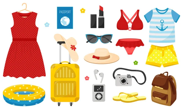 Set Summer Clothes Things Holidays Summer Holidays Bright Decorative Vector — Archivo Imágenes Vectoriales