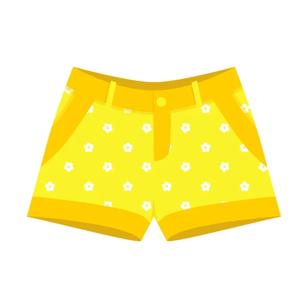 明るい女性の シンプルな花のプリントと子供の黄色のショートパンツ ポケットやベルト付きの夏の短い服 フラットカラーベクトルイラスト 白に隔離された — ストックベクタ