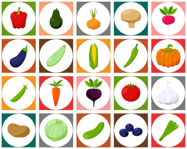 野菜と色のアイコンのセット 正方形の色の背景に白い円 梱包や織物のシームレスなパターンとして使用できます フラットスタイルの明るいベクトル要素 — ストックベクタ