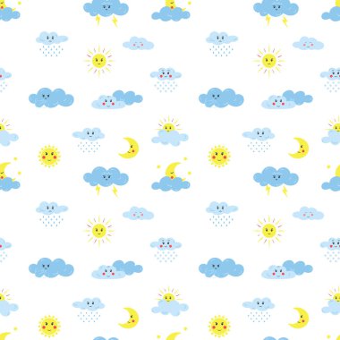 Hava şartları, bulutlar, bulutlar, gözlerle ve yüzle kusursuz desen. Çocuklar için tekstil ve ürünler. Renkli çizgi film vektör çizimleri. Beyazda izole edilmiş