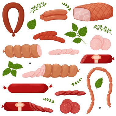 Set of boiled and smoked sausage products, frankfurter, whole sausage, half, sliced,boiled pork,string of sausages, green twigs and leaves.Food, meat dish. Color vector illustration isolated on white. clipart