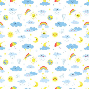 Hava, bulutlar, güneş, yağmur, şemsiye, gökkuşağı elementleriyle kusursuz desen. Çocuklar için tekstil ve ürünler. Renkli çizgi film vektör çizimleri. Beyazda izole edilmiş