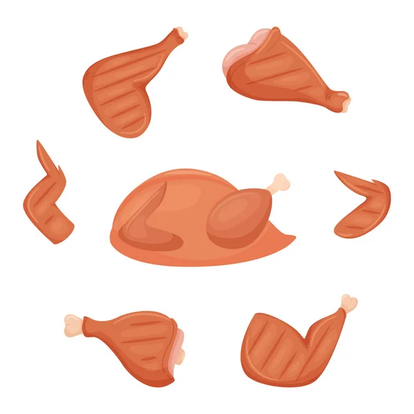 焼きチキンの具材のセット 揚げ鶏の胸肉 シンを調理した 鶏一頭分 肉料理 動物の起源の製品 白に隔離された平たい漫画のようなベクトルイラスト — ストックベクタ