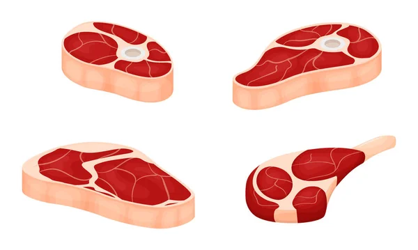 Zestaw Kawałków Surowego Mięsa Warstwami Tłuszczu Kłykcie Kością Łopatką Filetem — Wektor stockowy