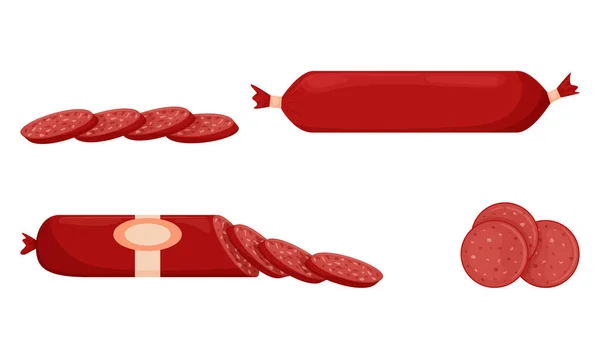 Ensemble Saucisses Fumées Rouges Saucisses Entières Moitié Tranchées Nourriture Plat — Image vectorielle