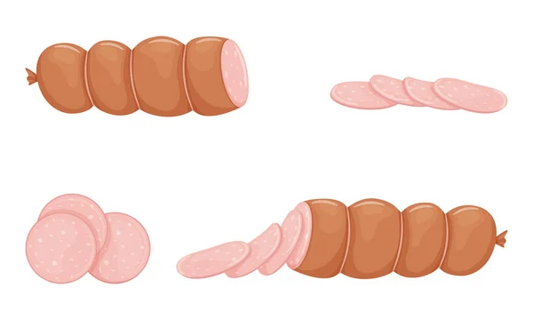 Набір Рожевих Варених Ковбасних Виробів Ціла Ковбаса Половина Нарізана Їжа — стоковий вектор