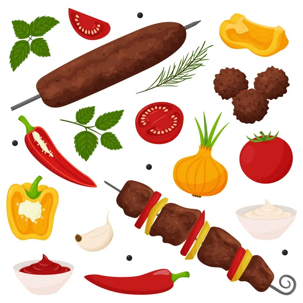 Shish Kebab Lula Kebab Húsgolyók Grillezett Húsételek Parázson Zöldségek Szósz — Stock Vector