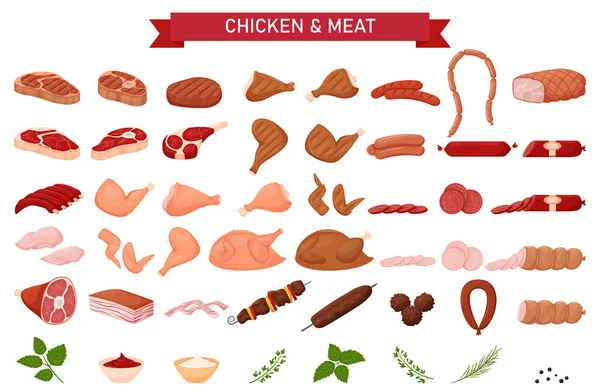 Duży Zestaw Mięsny Kiełbaski Grillowany Kurczak Surowe Mięso Kawałki Kiełbasy — Wektor stockowy