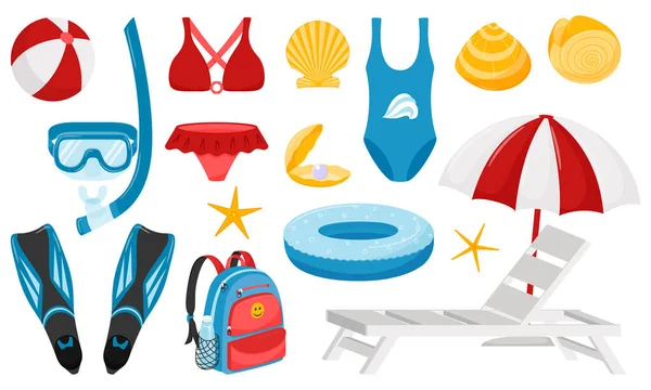 海のレクリエーション シェル サンベッド フィン マスクのテーマに要素のセット 海の休日 ダイビング 水泳のためのデザイン要素 フラットで漫画風 白に隔離された — ストックベクタ