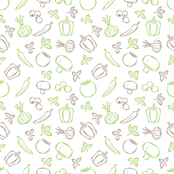 Nahtloses Muster Mit Gemüse Einem Linearen Handgezeichneten Stil Sommergemüse Umrisse — Stockvektor
