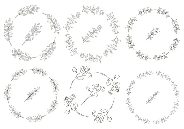 Set Wreaths Hand Drawn Twigs Leaves Doodle Style Black White — Stock Vector