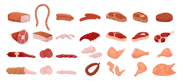 Köttuppsamling Korv Kyckling Rått Och Grillat Kött Korvskivor Knog Bacon — Stock vektor