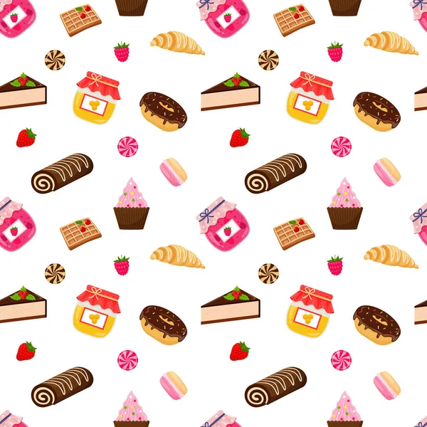 甘い食べ物 お菓子 ドーナツ ジャム マカロン バゲルとシームレスなパターン 明るいおいしい色のフラット漫画ベクトル要素上の白い背景 — ストックベクタ