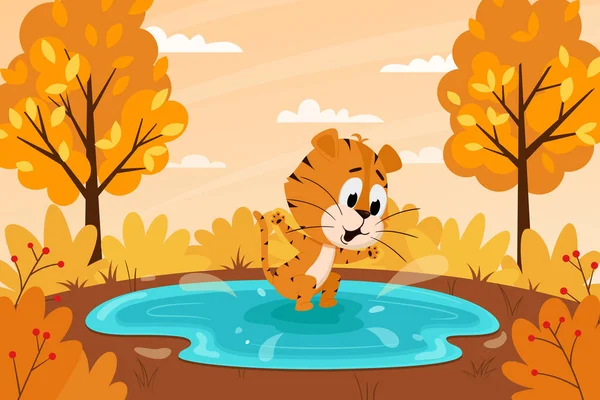 かわいい漫画虎の水たまりにジャンプしたり 湖で泳いでいます 秋の風景 その年の象徴 動物のキャラクター 子供のためのカラーベクトルイラスト フラットスタイル — ストックベクタ