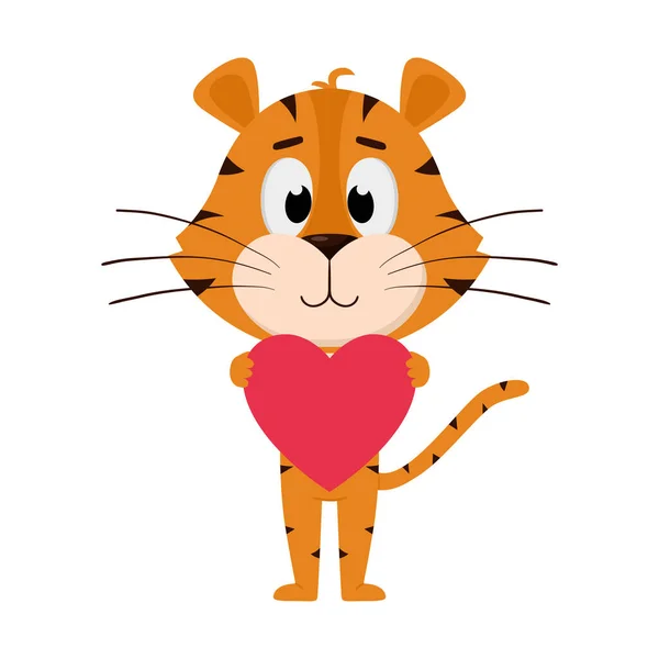 Τίγρης Αγκαλιάζει Κρατά Την Καρδιά Στα Πόδια Της Ωραίος Χαρακτήρας — Διανυσματικό Αρχείο