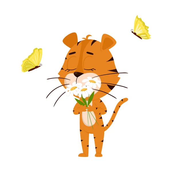 Tigre Renifle Marguerites Papillons Volent Personnage Dessin Animé Mignon Tigre — Image vectorielle