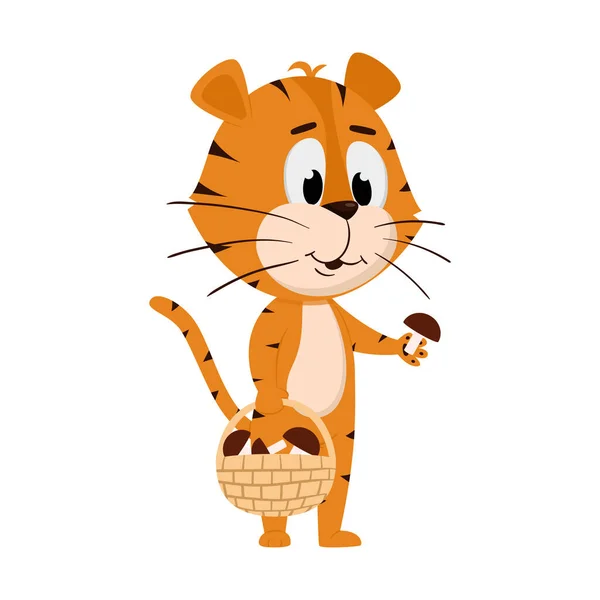 Tiger Collects Mushrooms Basket Cute Cartoon Character Tiger Symbol Year — Stock Vector