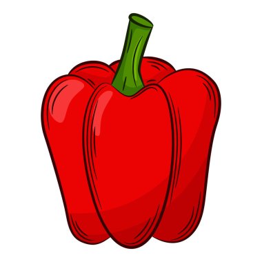 Paprika Pepper. Doğrusal tarzda bir sebze, elle çizilmiş. Gıda bileşeni, tasarım elementi. Renkli vektör çizimi. Beyaz bir arkaplanda izole edilmiş.