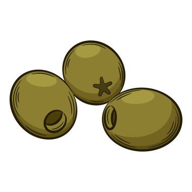 Çiğnenmiş zeytin. Doğrusal tarzda bir sebze, elle çizilmiş. Gıda bileşeni, tasarım elementi. Renkli vektör çizimi. Beyaz bir arkaplanda izole edilmiş.