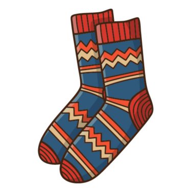 Bir çift sıcak desenli çorap. Sonbahar ve kış giysileri. Tasarım öğesi ana hatlarıyla. Kış, sonbahar teması. Doodle, elle çizilmiş. Düz dizayn. Renkli vektör çizimi. Beyazda izole edilmiş
