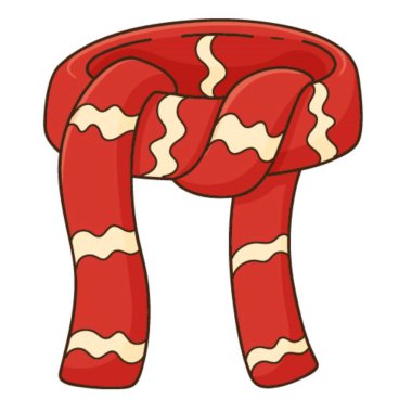 Kalıplı kırmızı eşarp. Sonbahar ve kış giysileri. Tasarım öğesi ana hatlarıyla. Kış teması, sonbahar. Doodle, elle çizilmiş. Düz dizayn. Renkli vektör çizimi. Beyaz bir arkaplanda izole edilmiş