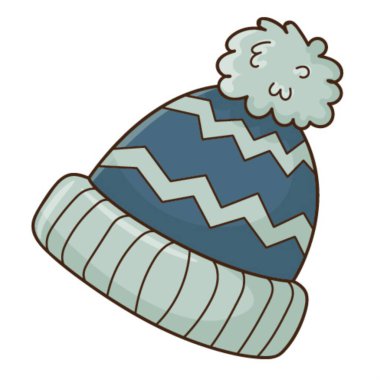 Pompalı mavi şapka. Sonbahar ve kış giysileri. Tasarım öğesi ana hatlarıyla. Kış, sonbahar teması. Doodle, elle çizilmiş. Düz dizayn. Renkli vektör çizimi. Beyaz bir arkaplanda izole edilmiş