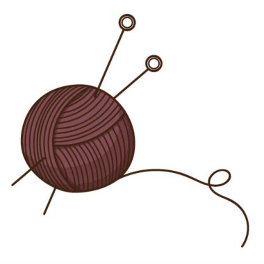 Örgü iğneli bir iplik yumağı. Dikiş, örgü. Tasarım öğesi ana hatlarıyla. Doodle, elle çizilmiş. Düz dizayn. Renkli vektör çizimi. Beyaz bir arkaplanda izole edilmiş