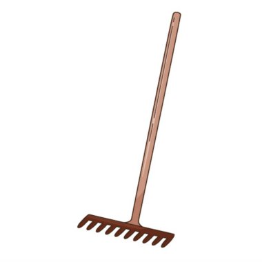 Zemini gevşetmek ve yaprakları toplamak için tırmıkla. Bahçe aletleri, sonbaharın sembolü. Ana hatlı dekoratif bir öğe. Doodle, el yapımı. Düz tasarım. Renkli vektör çizimi. Beyazda izole edilmiş