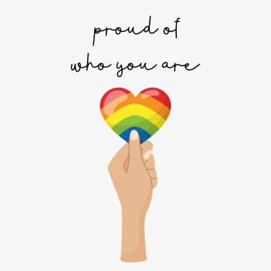 Dikey poster. LGBT bayrağı renginde bir kalbi tutan bir el. Hoşgörü, dayanışma ve eşitlik için savaşmanın sembolü. Gurur Ayı. Beyaz arkaplanda izole edilmiş vektör illüstrasyonu