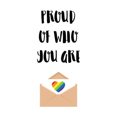 Dikey poster. İçinde LGBTQ bayrağı renginde bir kalp olan açık bir zarf. Kim olduğunla gurur duy. Gurur Ayı. Beyaz arkaplanda izole edilmiş vektör illüstrasyonu