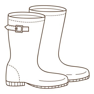 Rubber boots with a strap. Footwear.. Design element with outline. The theme of winter, autumn. Doodle, hand-drawn. Black white vector illustration. Isolated on a white backgroud. clipart