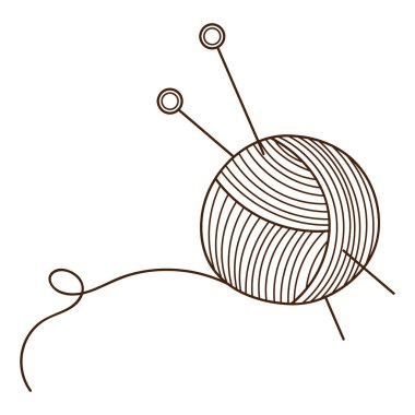 Örgü iğneli bir iplik yumağı. Dikiş, örgü. Tasarım öğesi ana hatlarıyla. Doodle, elle çizilmiş. Siyah beyaz vektör çizimi. Beyaz bir arkaplanda izole edilmiş.
