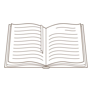 Açık kitap, üst manzara. Okuma, öğrenme. Rahat bir ev. Tasarım öğesi ana hatlarıyla. Doodle, elle çizilmiş. Siyah beyaz vektör çizimi. Beyaz bir arkaplanda izole edilmiş.