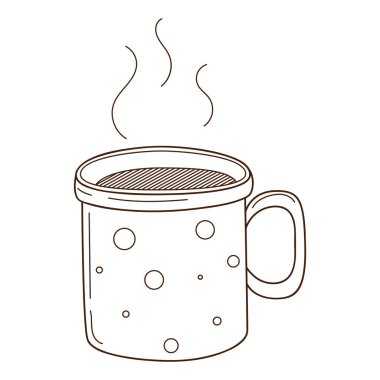 Bir fincan sıcak çay ya da kahve, kakao. Sıcak, canlandırıcı, sabah içkisi. Tasarım öğesi ana hatlarıyla. Doodle, elle çizilmiş. Siyah beyaz vektör çizimi. Beyaz bir arkaplanda izole edilmiş.
