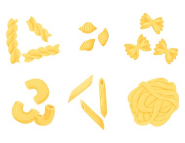 Farklı türde makarna. Penne, farfalle, fettuccine, conchiglie, gomiti rigatti, fusilli. Düz, çizgi film tarzı. Beyaz arkaplanda izole edilmiş renk vektörü çizimi